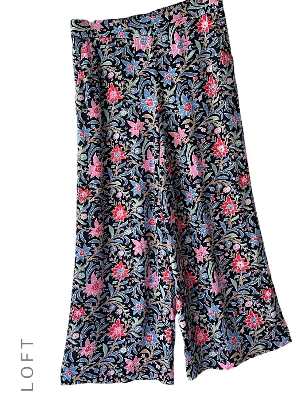 LOFT NWOT FLORAL PULL-ON WIDE LEG FLUID PANTS POCKETS NAVY PINK | SMALL